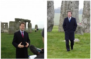 Left: Deputy Prime Minister Nick Clegg announces that 'the money is no only there but we are going to legislate on it."  Salisbury Journal  Right: Prime Minister David Cameron at Stonehenge to welcome the £15bn investment in Britain's roads. Daily Mail on 1 December 2014