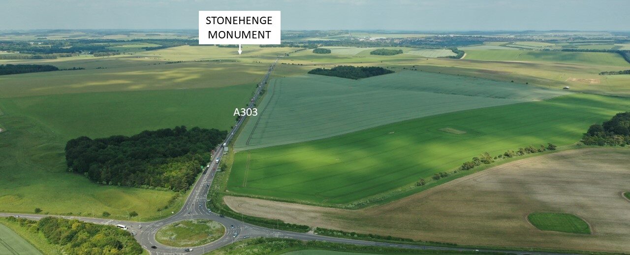 Aerial view of Stonehenge landscape looking east towards Amesbury. Summer 2021.